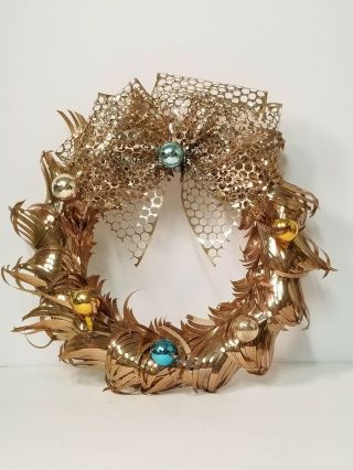 Vintage Gold Aluminum Tinsel Fringe Christmas Wreath With Glass Ornaments
