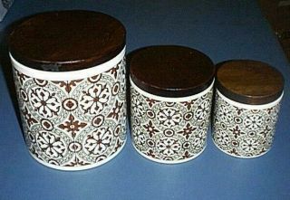 Vintage Ransburg Indianapolis Usa (3) Metal Canister Set With Brown Wood Lids