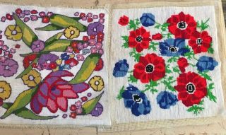 2 Vintage Finished Needlepoints Floral Flowers Poppies Look