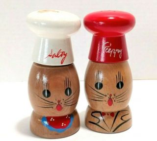 Vintage Wooden Cat Kitty Salt And Pepper Shakers Red & White Made In Japan 5 " H