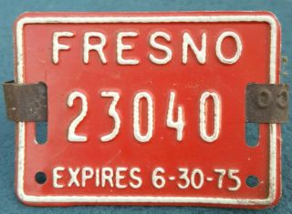 Vintage 1975 Fresno,  California Bicycle Tag License Plate Bike No.  23040