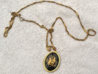 Lovely Vintage Gold - Tone Locket With Black Facing,  Scene Of Children Long Chain