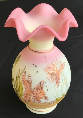 Vintage Fenton Vase 8 3/4” Hand Painted Artist Signed Ltd Edition Goldfish Pc Nr