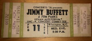 Vintage 1976 Jimmy Buffett Concert Ticket Stub 2/11/76 Wilmington Nc Unc Kenan