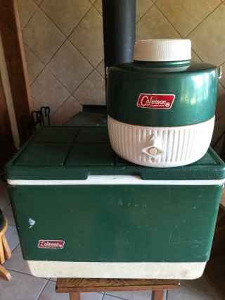 Vintage Green Coleman Metal Cooler With Matching Water Jug