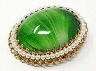 Vintage Jade Green Glass Oval Gold Tone Brooch