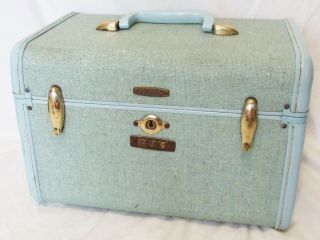 Vintage Samsonite Monogrammed Robin Egg Blue Tweed Train Case Make - Up Suitcase