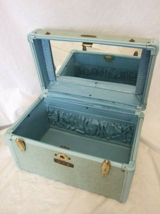 Vintage Samsonite Monogrammed Robin Egg Blue Tweed Train Case Make - Up Suitcase 2