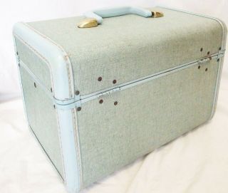 Vintage Samsonite Monogrammed Robin Egg Blue Tweed Train Case Make - Up Suitcase 3