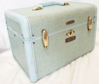 Vintage Samsonite Monogrammed Robin Egg Blue Tweed Train Case Make - Up Suitcase 4