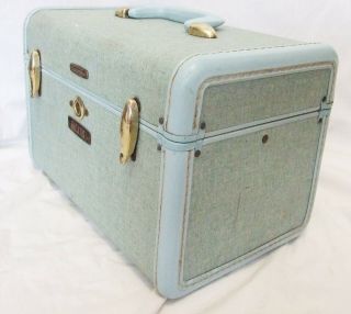 Vintage Samsonite Monogrammed Robin Egg Blue Tweed Train Case Make - Up Suitcase 5