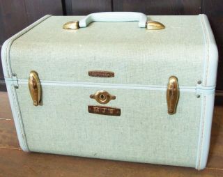 Vintage Samsonite Monogrammed Robin Egg Blue Tweed Train Case Make - Up Suitcase 8
