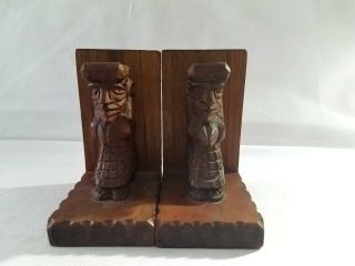 Vintage Set Of Carved Wooden Jester Bookends Folk Art Tramp Art Book End Wood
