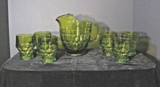 Vintage Indiana Green Glass Thumb Print Pitcher And Glasses
