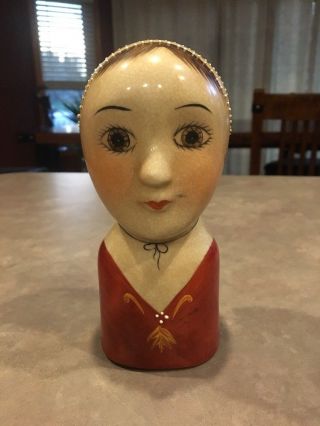 Vintage Primitive Lady Head Vase Folk Art Peasant Ceramic Hand Painted Girl 6 "