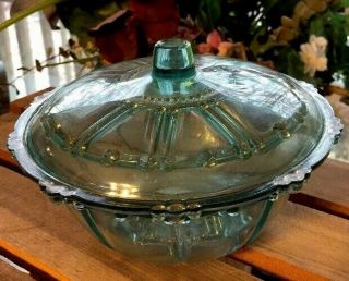 Vintage Depression Teal Turquoise Glass Covered Candy Dish Or Serving Bowl