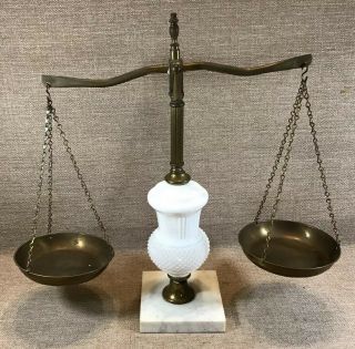 Vintage Fenton ? Scales Of Justice Prop Scale Brass Marble Base Milk Glass