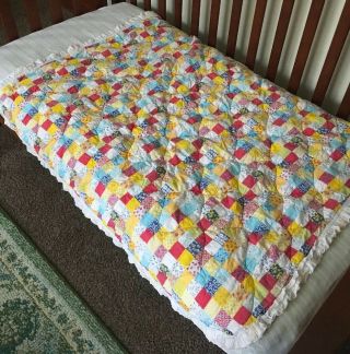 Vintage Baby Quilt Patchwork Style Primary Colors Crib Toddler Bed Primitive 2