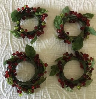 Vintage Christmas Green/red/holly Napkin Ring Holders Beaded Set Of 4