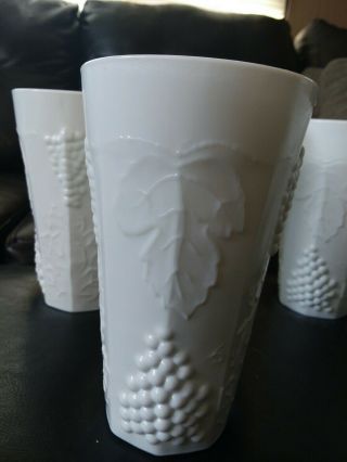 Set Of 6 Vintage White Milk Glass Panel Grapes Drinking Glasses 12 Oz Tumbler 6 "