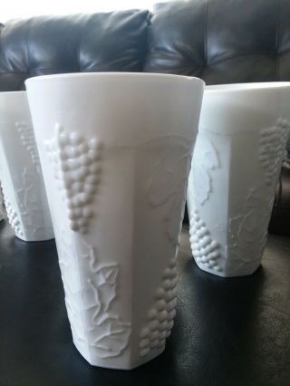 Set of 6 Vintage White Milk Glass Panel Grapes Drinking Glasses 12 oz Tumbler 6 