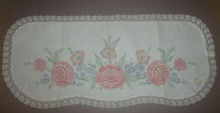 Vtg.  Embroidery Stamped Dresser Scarf/table Runner,  Price Tag 21 " X 9 "
