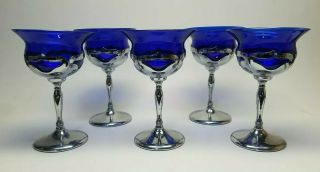 Farber Brothers Cobalt Blue Glass & Chrome Cocktail Bar Goblets Set Of 5 Vintage