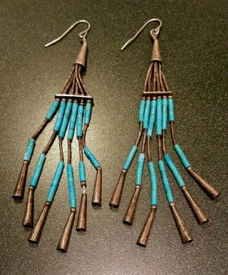 Vintage Navajo Sterling Silver Turquoise Bead Dangle Earrings 4 " 7.  77g