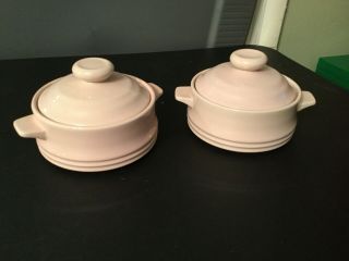Set Of Two Vintage Covered Soup Bowls Pink With Lids