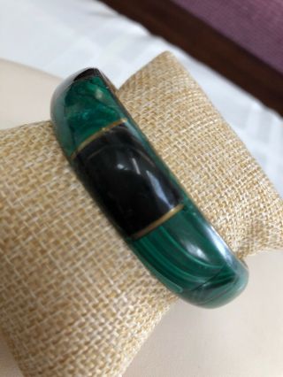 Vintage Green And Black Wood Malachite Stone Bangle Bracelet Set In Brass