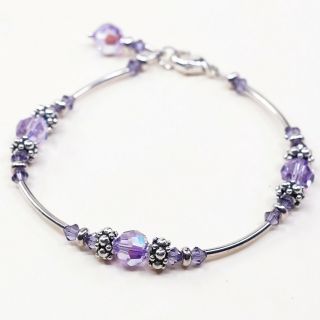 7.  5”,  Vtg Sterling Silver Handmade Bracelet,  925 Dna Link W/ Purple Crystal Bead