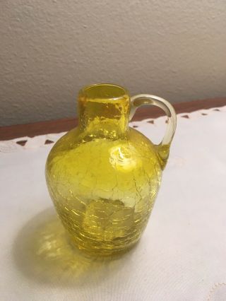 Vtg Crackle Glass Yellow Mini Jug/ Applied Handle