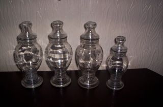 4 Vintage Wheaton Clear Glass Apothecary Jars With Lids 10 " And 8 "