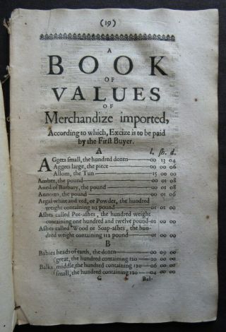 COMMONWEALTH TARIFF 1657 MERCHANDIZE VALUE Cromwell Act EXCISE COST DUTY TAX 2