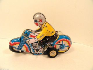 Vintage Tin Metal Windup Motorcycle & Rider With Sidecard