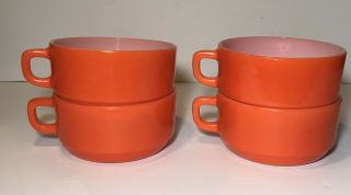 Set Of 4 Anchor Hocking Ovenproof Vintage Red Orange Soup Chili Bowl Cup Mug