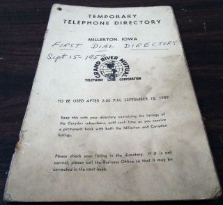 Vintage 1959 Millerton Iowa Temporary Telephone Directory H