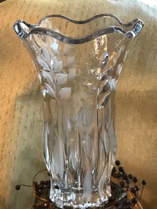 Vintage Cut Lead Crystal Vase Heavy Frosted Tapered 10 - 5/8”tall Ribs Floral
