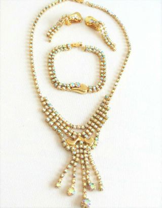 Vintage Ab Rhinestones Parure Set Necklace Dangle Earrings Bracelet Set Stunning