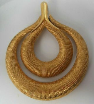 Vintage Signed Crown Trifari Gold - Tone Double Loop Textured Pendant