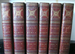 Fine Bindings 6 Volume Holy Bible By Thomas Scott,  1812.  Full Leather Bound Set. 4