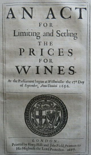 Commonwealth Act 1657 Limiting Price Wine Spanish French Cromwell Pamphlet