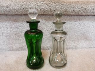 2 Vintage Danish Modern Holmegard Kluk Kluk Bottles Clear & Emerald Green Htf 6 "