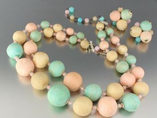 Vintage 50’s Multi 2 Strand Pink Blue Glass Bead Necklace & Earring Set Japan