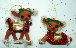 2 Vtg Christmas Finished Kit Sequins Deer Tree Ornaments Cute