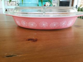 Vintage Pyrex Pink Daisy Divided Casserole Dish With Lid And Insert
