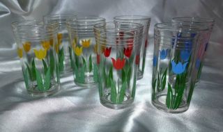 Set Of 7 Vintage Tulip Juice Glasses Swanky Swigs Red & Blue Flowers 4 "