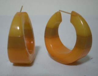Vtg Bakelite 3 Colors: Green - Orange - Butterscotch Striped Hoop Earrings