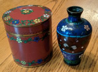 Vintage Chinese China Cloisonne Enamel Round Lidded Trinket Box & Miniature Vase