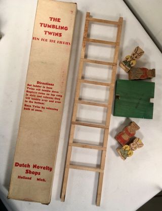 1920’s Vtg Tumbling Twins Dutch Wooden Gravity Toy Game Made Holland Michigan